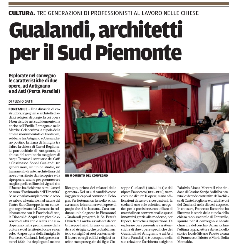 Articolo de "La Nuova Provincia" di martedì 1 dicembre 2015 su il Convegno Dalle cupole ai vigneti UNESCO. Percorsi sulle opere degli architetti Gualandi a Fontanile.