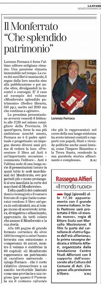 Articolo de La Stampa (Asti, 28 gennaio 2015) - Presentazione del volume Monferrato splendido patrimonio, realizzato dalla Se.Di.Co Libraria di Lorenzo Fornaca, presso il Salone Consigliare della Provincia di Asti, venerdì 6 febbraio alle ore 17.30.