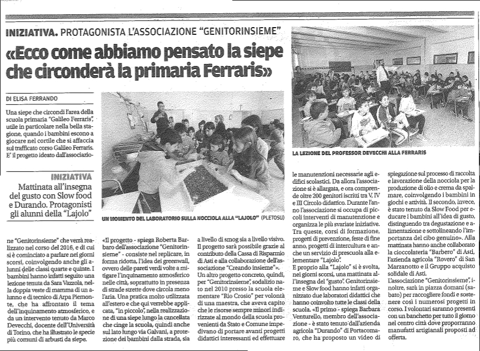 Articolo de La Nuova provincia di venerdì 18 dicembre 2016 sull avvenuta presentazione agli studenti della Scuola elementare Galileo Ferraris del Progetto Green Wall.