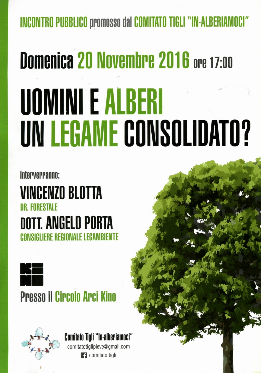 Incontro pubblico Uomini e Alberi: un legame consolidato?, Circolo Arci Kino in Via Gramsci, 71 a Pieve di Cento, domenica 20 novembre 2016.