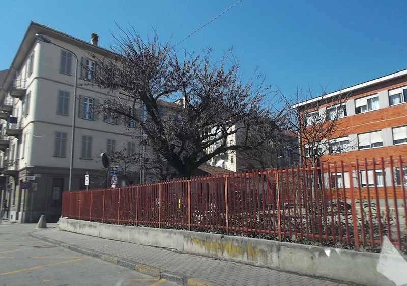 Veduta della cancellata di separazione del cortile della Scuola elementare Galileo Ferraris di Asti dal trafficato corso adiacente.