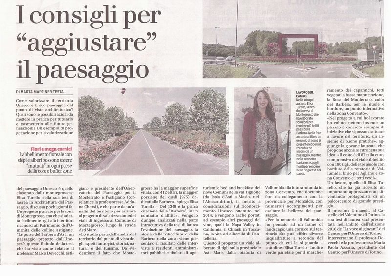 Articolo de La Nuova Provincia di Asti di martedì 26 aprile 2016 sulla Tesi magistrale di Elisa Turello in "Progettazione delle aree verdi e del Paesaggio".