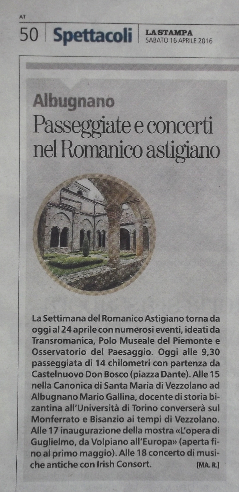 Articolo sulla VIII edizione della Settimana del Romanico astigiano pubblicato da La Stampa di Asti (Sabato, 16 aprile 2016).