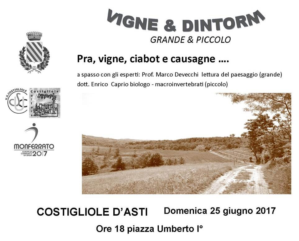 Depliant informativo della Camminata a Costigliole d Asti su "Vigne e dintorni. Grande & piccolo. Pra. Vigne, Ciabot e Causagne  A spasso con gli esperti Prof. Marco Devecchi (grande) e Dott. Enrico Caprio Biologo macroinvertebrati (piccolo)".