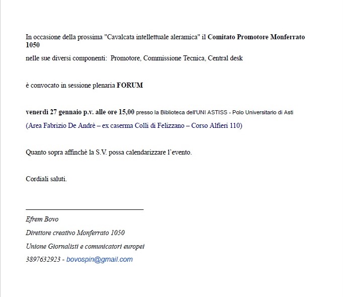 INVITO alla Cavalcata intellettuale aleramica presso la Biblioteca dell'UNI-ASTISS - Polo Universitario di Asti (Area Fabrizio De Andrè  ex caserma Colli di Felizzano  Corso Alfieri 110), venerdì 27 gennaio 2017 alle ore 15.00.