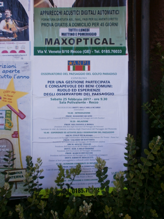 Manifesti esposti a Recco del Convegno "Per una gestione partecipata e consapevole dei beni comuni: ruolo ed esperienze degli Osservatori del paesaggio".
