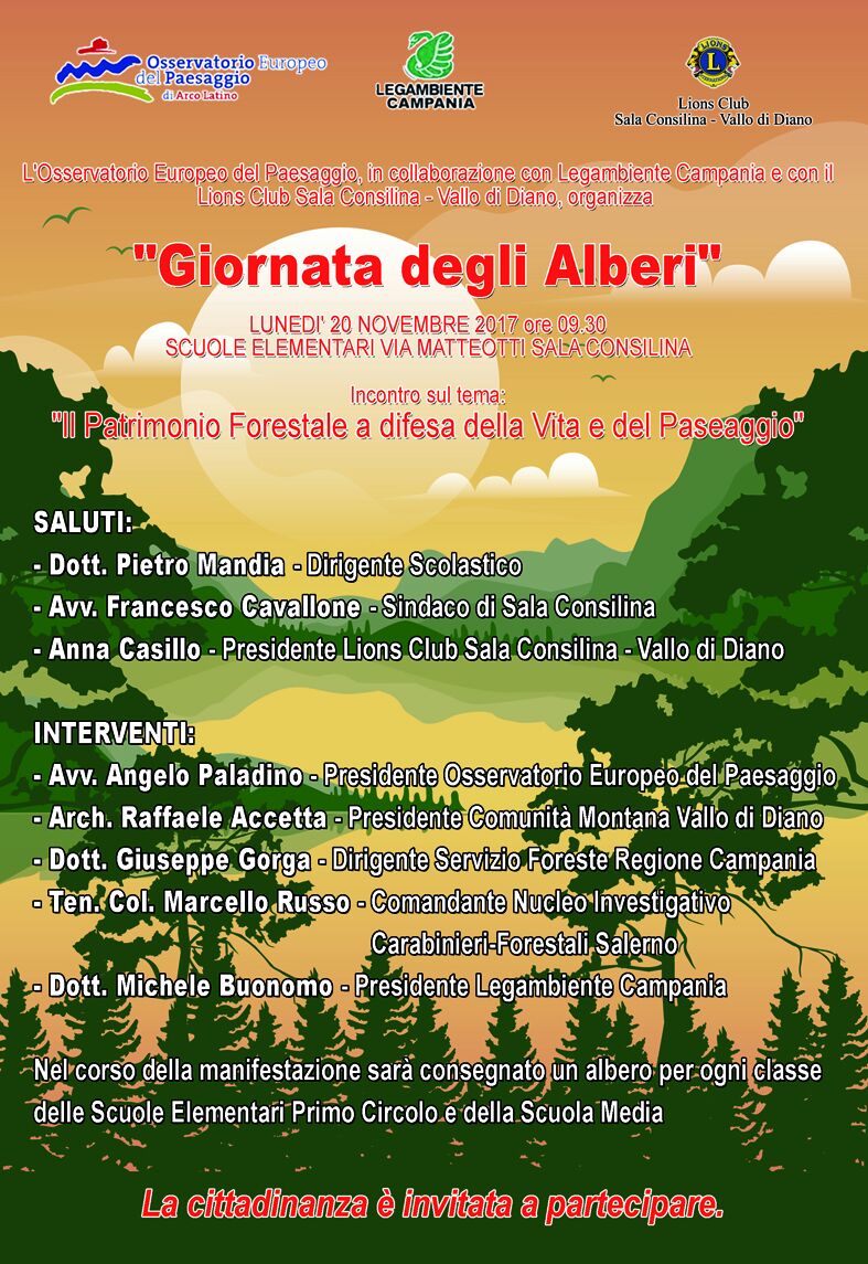 Depliant della Giornata degli alberi su "Il patrimonio forestale a difesa della vita e del paesaggio" presso le Scuole elementari di Sala consilina, mercoledì 20 novembre 2017.