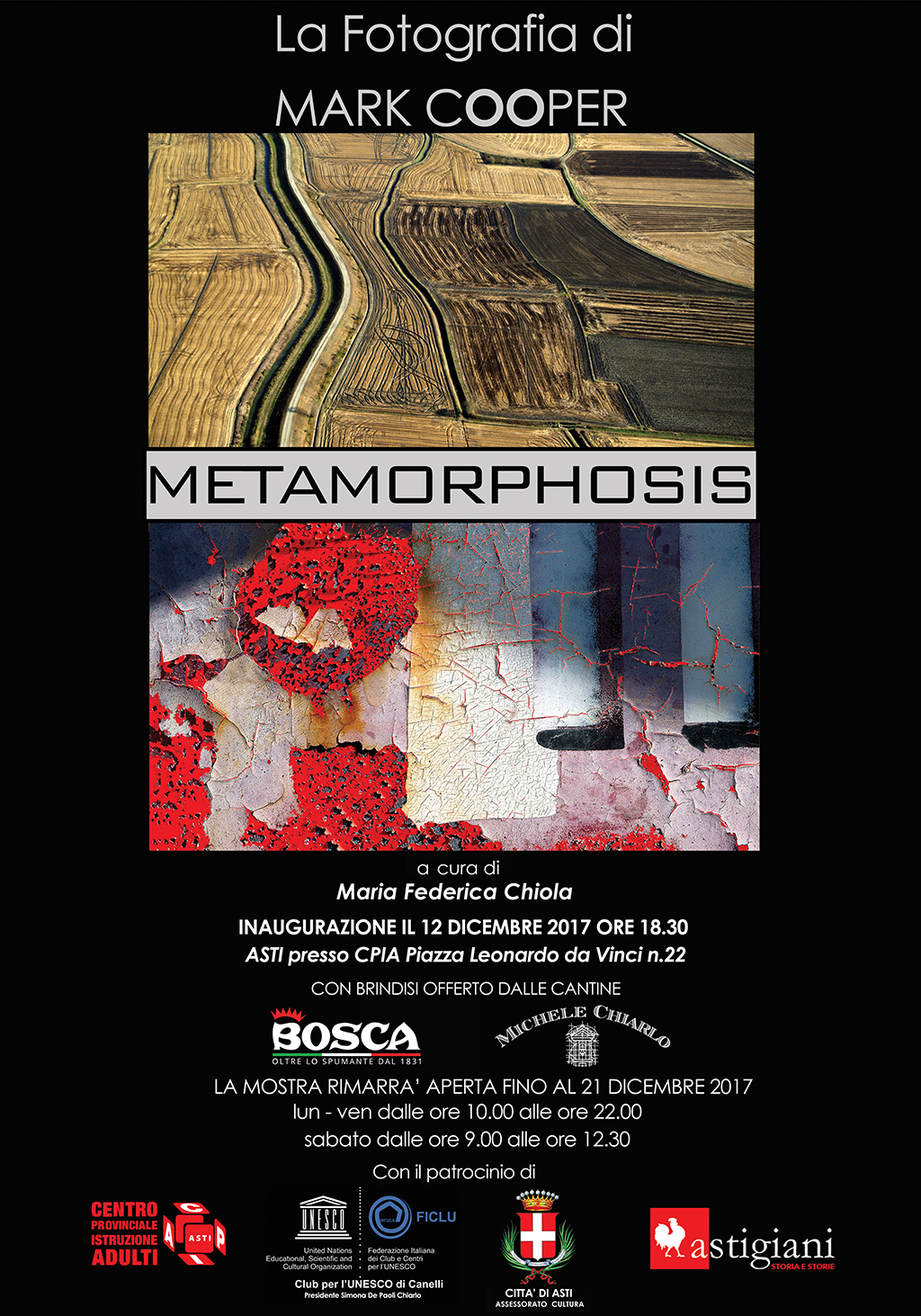 Depliant dell Inaugurazione della Mostra di Mark Cooper "Metamorphosis" ad Asti presso CPIA, Piazza Leonardo Da Vinci 22, martedì 12 dicembre 2017, ore 18.30.