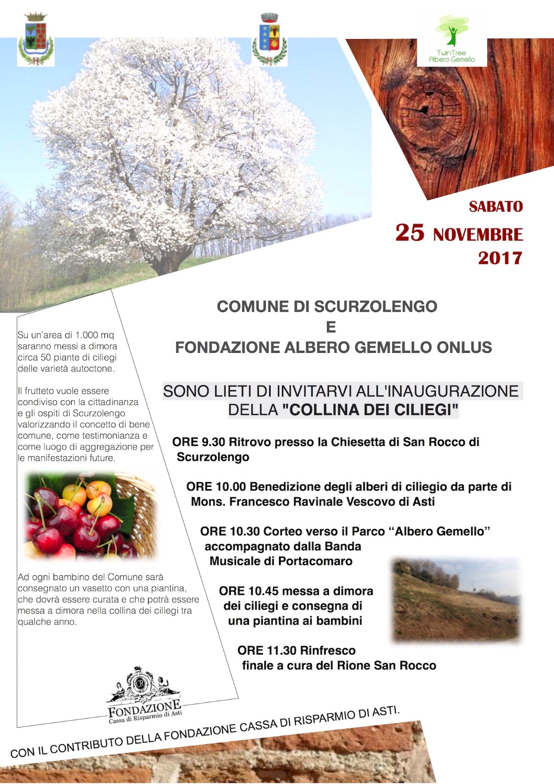 Depliant informativo della Giornata di inaugurazione della Collina dei Ciliegi a Scurzolengo.