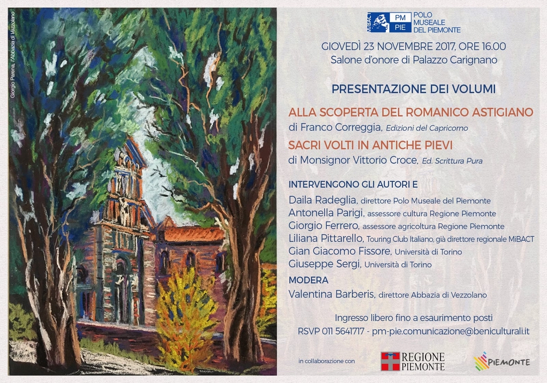 Depliant delle Presentazione dei Volumi Alla scoperta del Romanico astigiano di Franco Correggia e Sacri volti in antiche pievi di Monsignor Vittorio Croce .