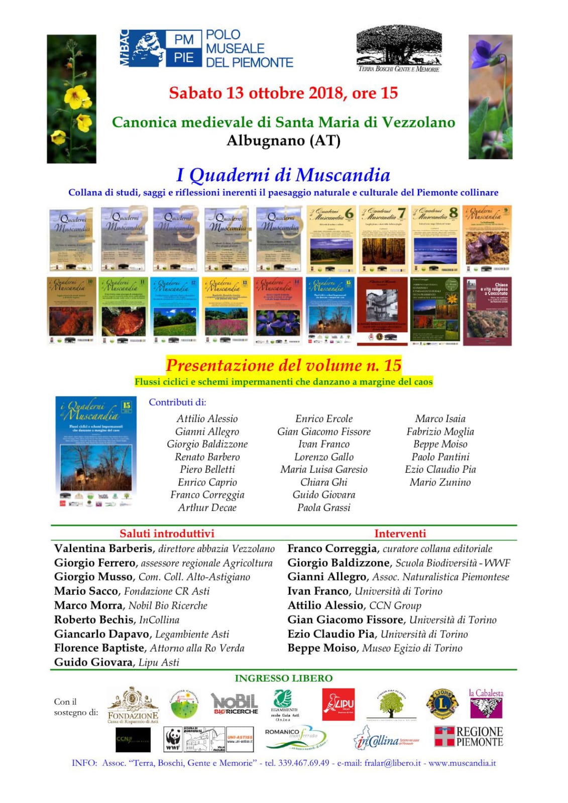 Depliant della Presentazione del Volume n° 15 dei Quaderni di Muscandia, sabato 13 ottobre 2018 presso la Canonica di Santa Maria di Vezzolano ad Albugnano.