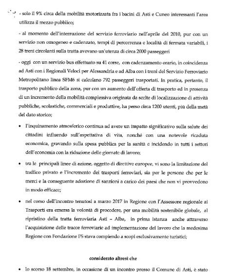 Mozione n° 1276 (Ai sensi dell'Art. 18 , comma 4, dello Statuto e dell'Art. 102 del Regolamento interno), trattata in Aula, approvata dal Consiglio regionale del Piemonte sul ripristino della Linea ferroviaria Alba-Asti (Prima firmataria Angela Motta, Paolo Allemano, Andrea Appiano, Enrica Baricco, Nadia Conticelli, Giovanni Corgnati, Antonio Ferrentino, Raffaele Gallo, Valter Domenico Ottria e Domenico Ravetti).