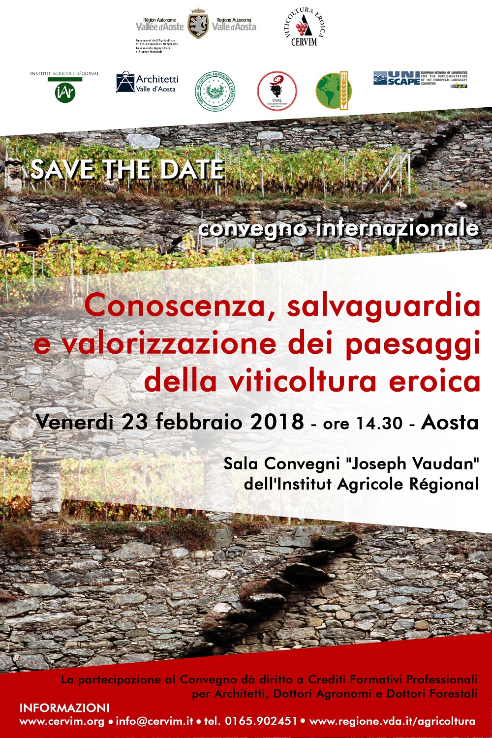 Depliant del Convegno su Conoscenza, salvaguardia e valorizzazione dei paesaggi della viticoltura eroica presso l Institut Agricole Régional ad Aosta, venerdì 23 febbraio 2018.