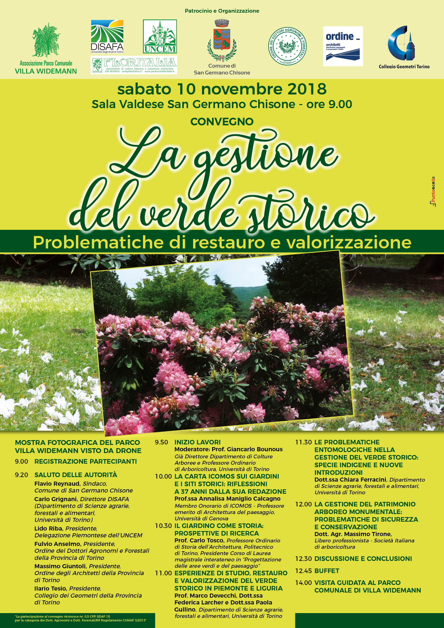 Depliant del Convegno "La gestione del verde storico: problematiche di restauro e valorizzazione", Sala Valdese di San Germano Chisone, sabato 10 novembre 2018, ore 9.30.