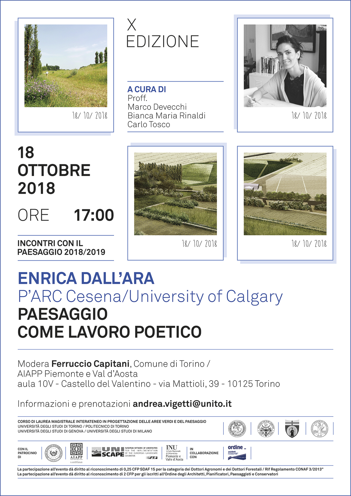 Seminario di Enrica Dall Ara, (P ARC Cesena/University of Calgary) su Paesaggio come lavoro poetico, Sala della Caccia del Castello del Valentino a Torino, giovedì 18 ottobre 2018.
