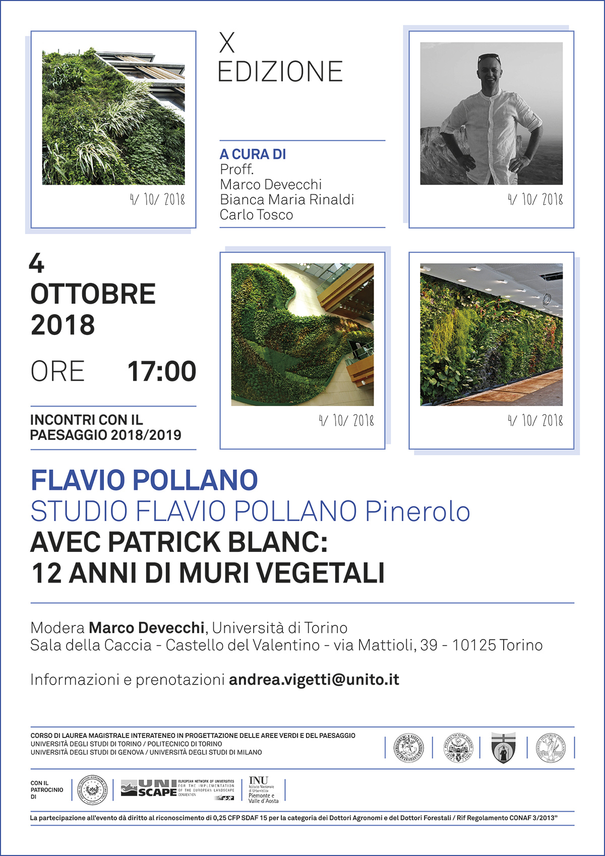 Seminario del Dott. Agr. Flavio Pollano dal titolo Flavio Pollano avec Patrich Blanc: 12 anni di Muri vegetali, Sala della Caccia del Castello del Valentino a Torino.