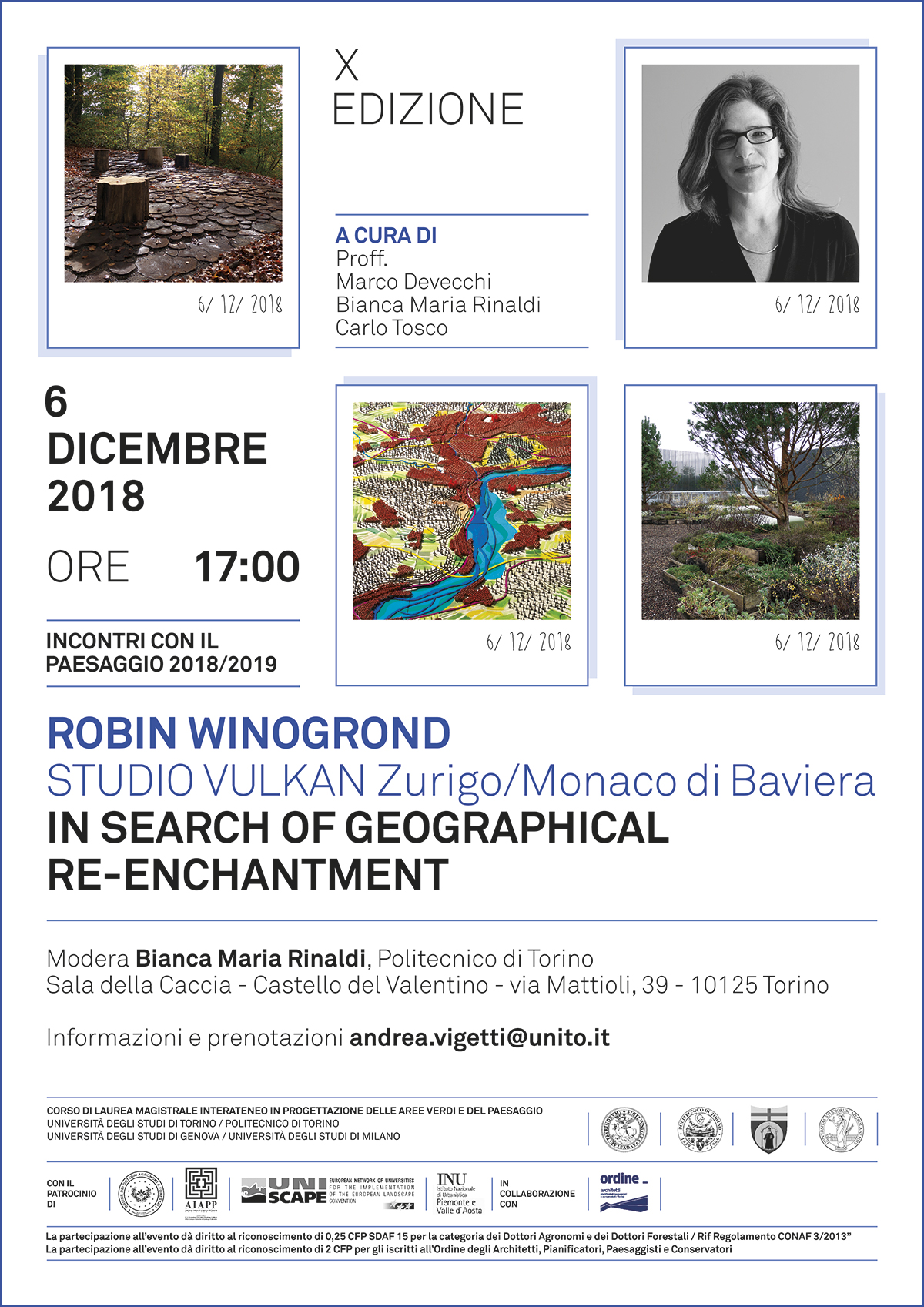 Seminario di Robin Winogrond (Studio Vulkan Zurigo/Monaco di Baviera) su In search of geographical re-enchantment, Sala della Caccia del Castello del Valentino, giovedì 6 dicembre 2018, ore 17.00.