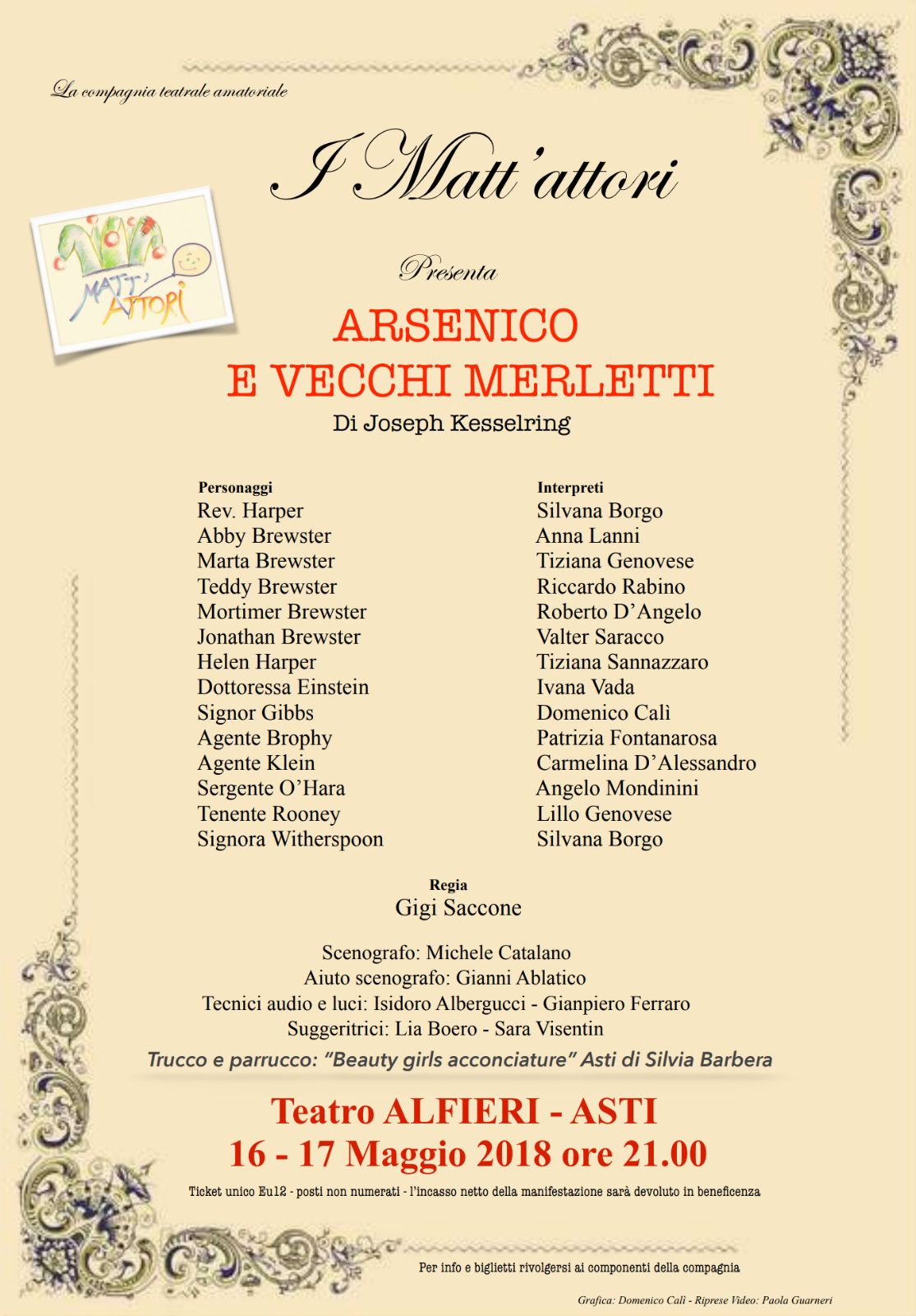 Programma della rappresentazione teatrale "Arsenico e vecchi merletti" da parte della compagnia teatrale amatoriale I Matt attori.
