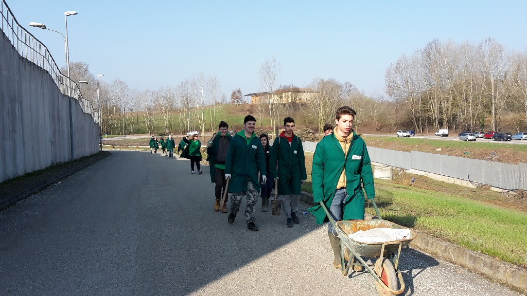 Trasporto da parte degli studenti dell Istituto agrario "G. Penna" del materiale per la messa a dimora degli alberi [FOTO di Elena Berta].