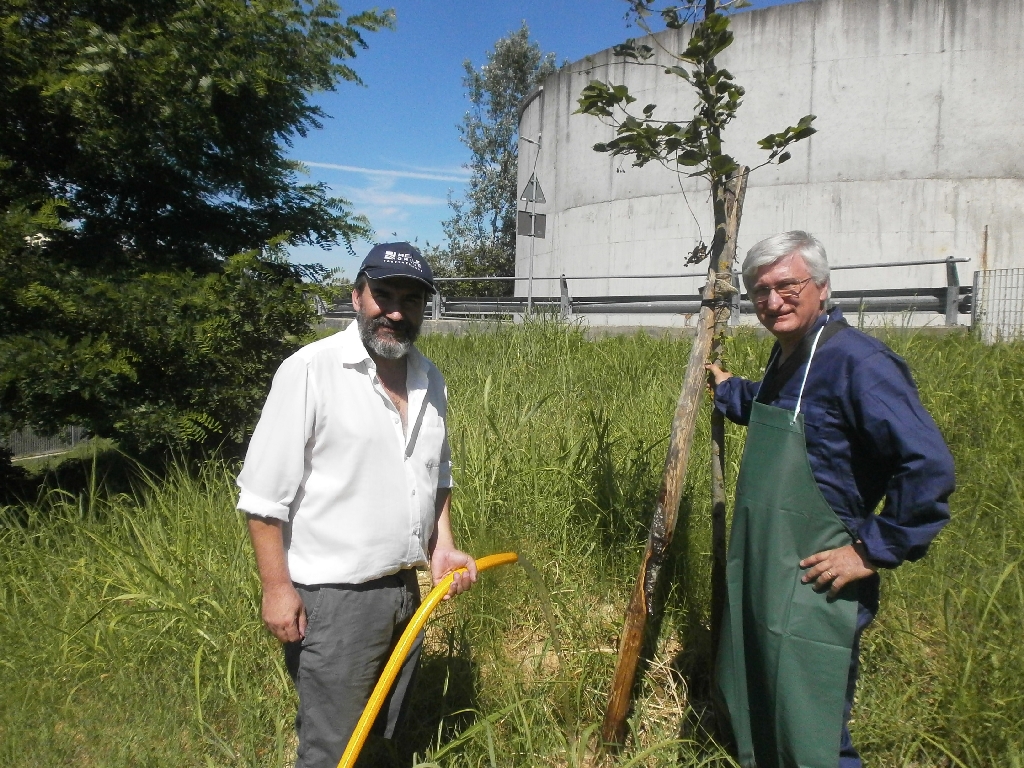 Bagnatura manuale di tutte le piante del Parco della salute in attesa della realizzazione dell impianto di irrigazione. Nella foto: Angelo Porta (Circolo Legambiente Valtriversa) e Marco Devecchi (Osservatorio del Paesaggio) [FOTO di Giancarlo Dapavo].