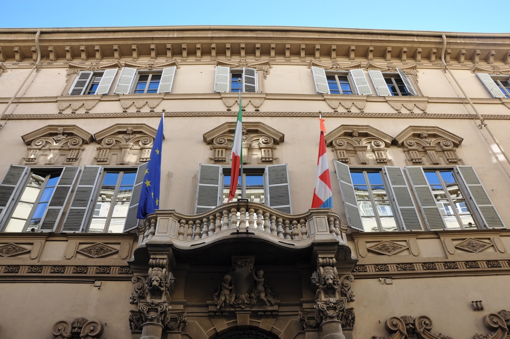 Veduta della facciata di Palazzo Lascaris a Torino, Sede del Consiglio regionale del Piemonte, presso il quale si è tenuta la ventottesima riunione del Tavolo tecnico per la mobilità sostenibile con l Assessore regionale ai trasporti, Francesco Balocco, per la riattivazione della Linea ferroviaria Asti - Castagnole delle Lanze da giugno 2019.