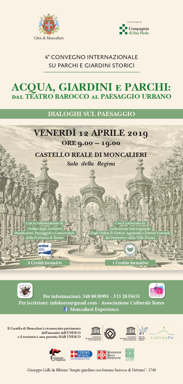 Depliant - Dialoghi sul paesaggio. VI Convegno internazionale su Parchi e giardini storici su Acqua, giardini e parchi: dal teatro barocco al paesaggio urbano