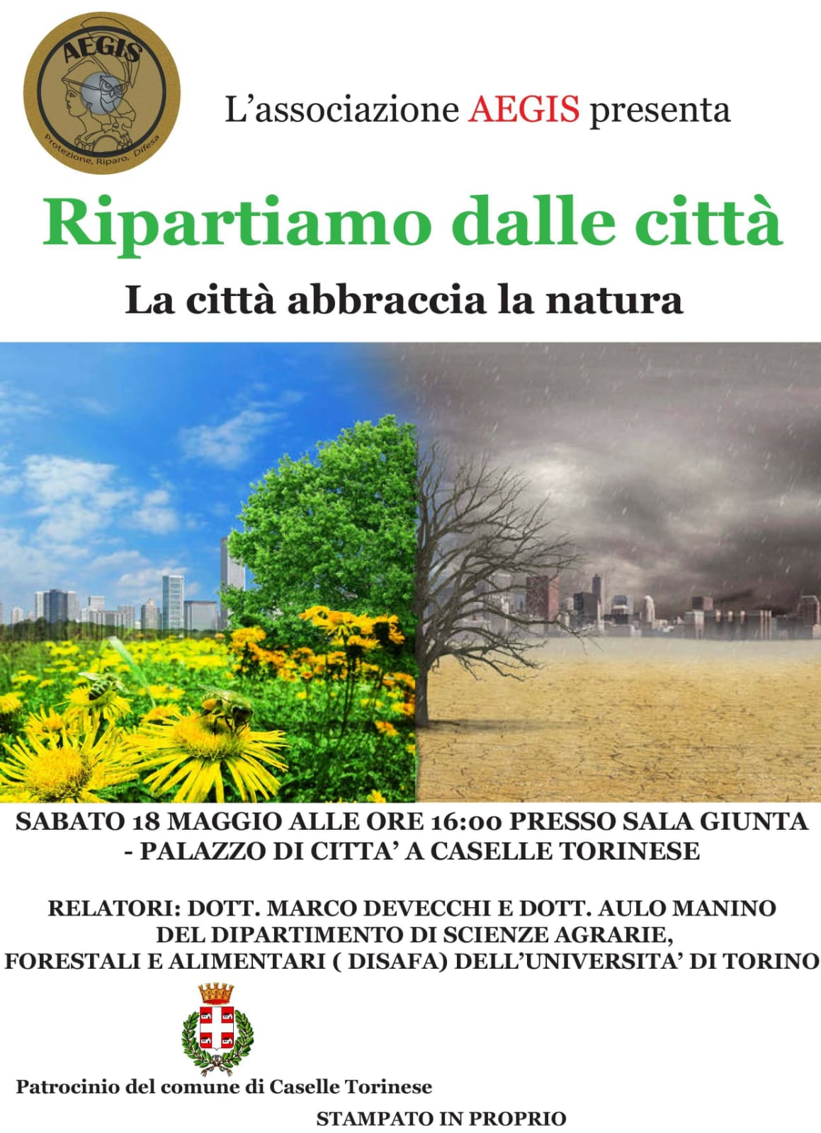 Depliant del Convegno su Ripartiamo dalle città. La città abbraccia la natura, presso la Sala Giunta di Palazzo di Città a Caselle Torinese.