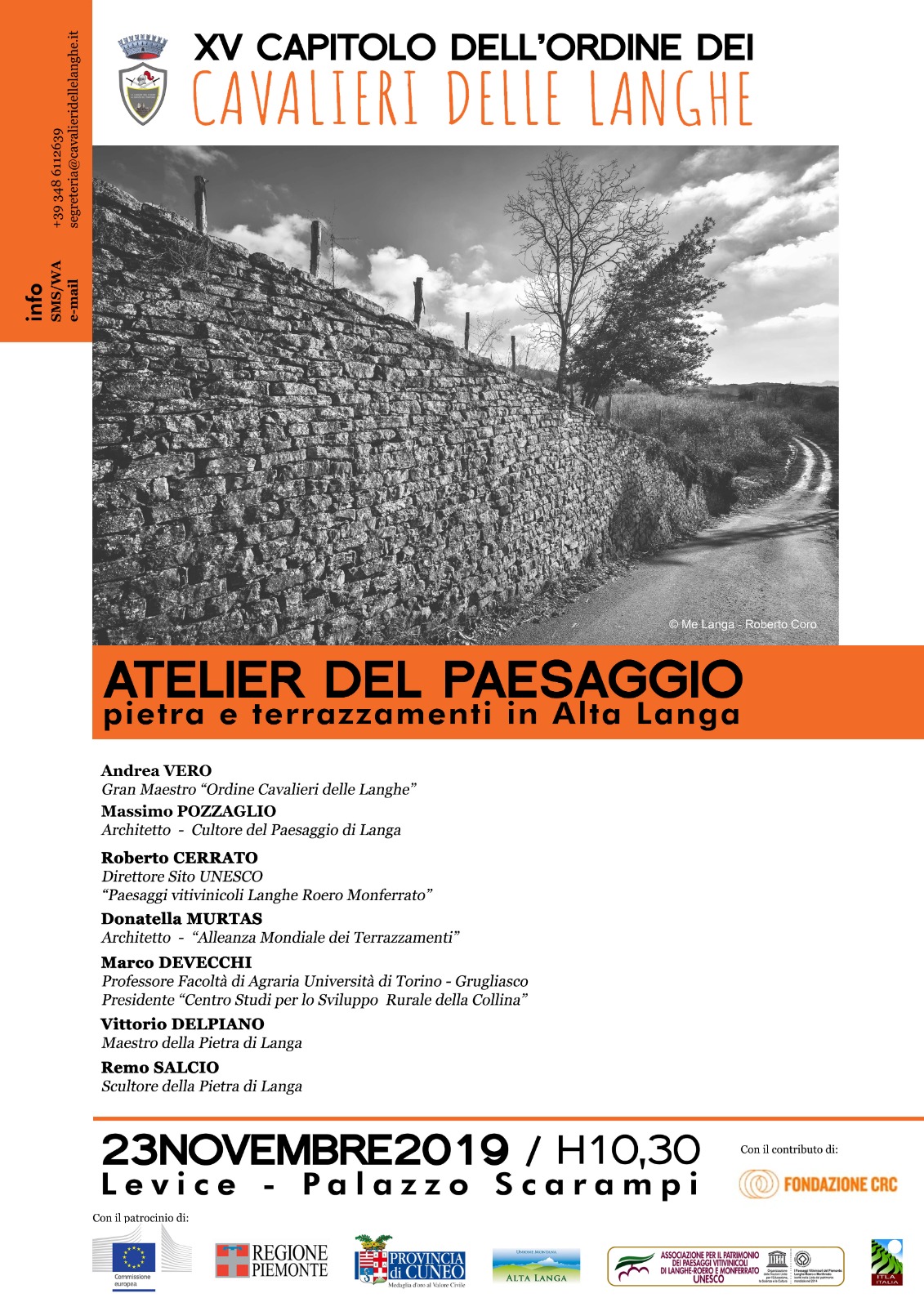 Depliant dell Atelier del paesaggio "Pietra e terrazzamenti in Alta Langa", Palazzo Scarampi a Levice, sabato 23 novembre 2019, ore 10.30.