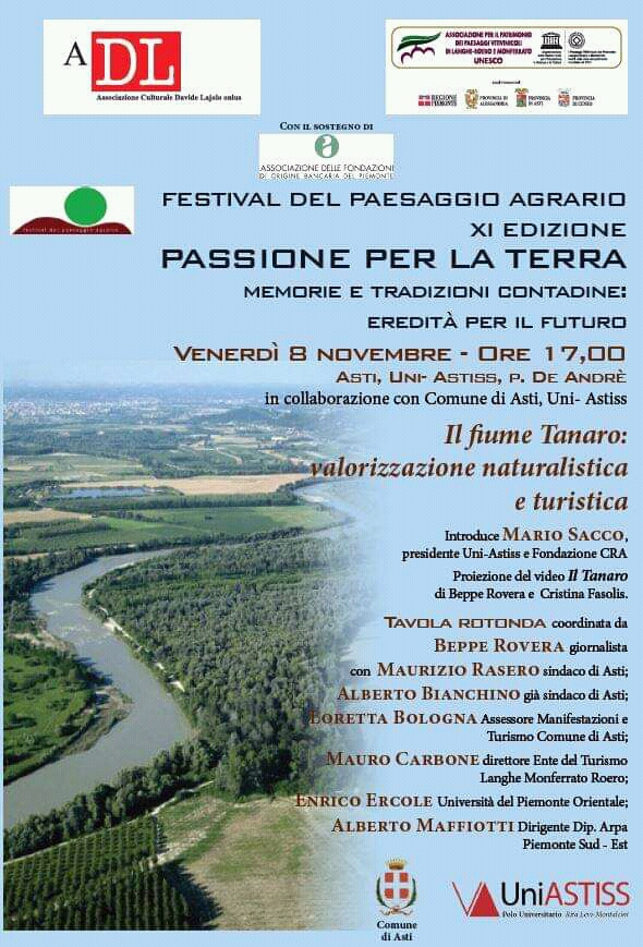 Depliant informativo del Convegno Il fiume Tanaro: valorizzazione naturalistica e turistica nell ambito della XI Edizione del Festival del Paesaggio agrario presso l Aula Magna del Polo universitario astigiano, venerdì 8 novembre  2019.