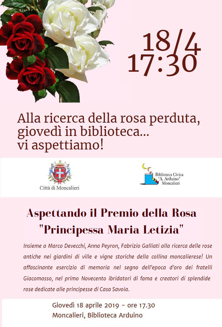 Depliant dell Incontro Alla ricerca della rosa perduta presso la Biblioteca civica A. Arduino di Moncalieri.