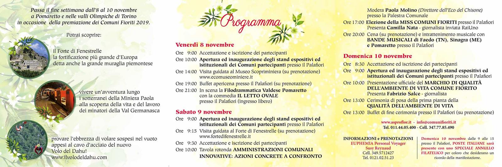 Programma del Meeting Nazionale del Marchio di Qualità Ambiente di Vita  Comune Fiorito a Pomaretto dall 8 al 10 Novembre 2019.