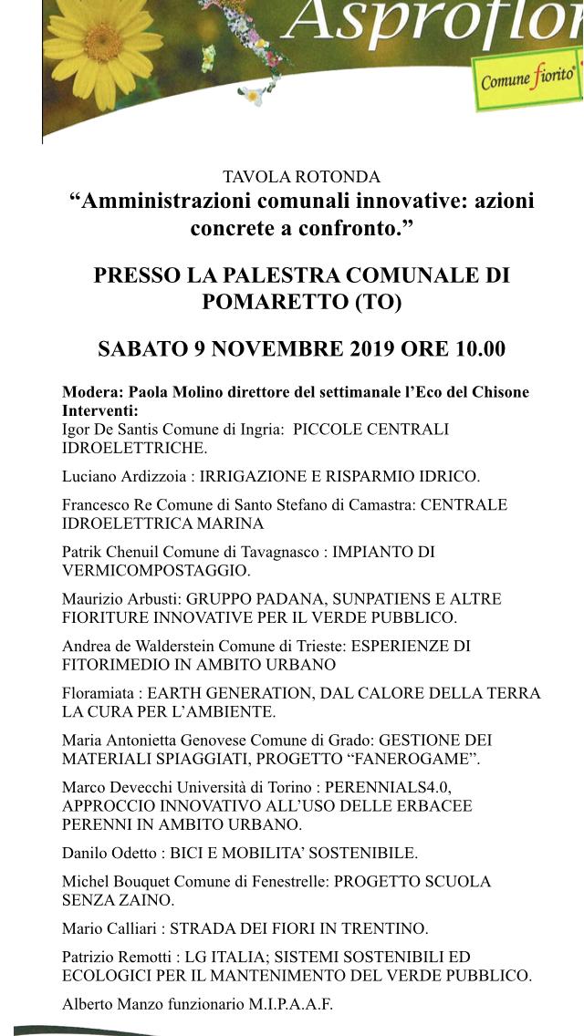 Programma della Tavola rotonda Amministrazioni comunali innovative: azioni concrete a confronto presso la Palestra comunale di Pomaretto, sabato 9 novembre 2019.