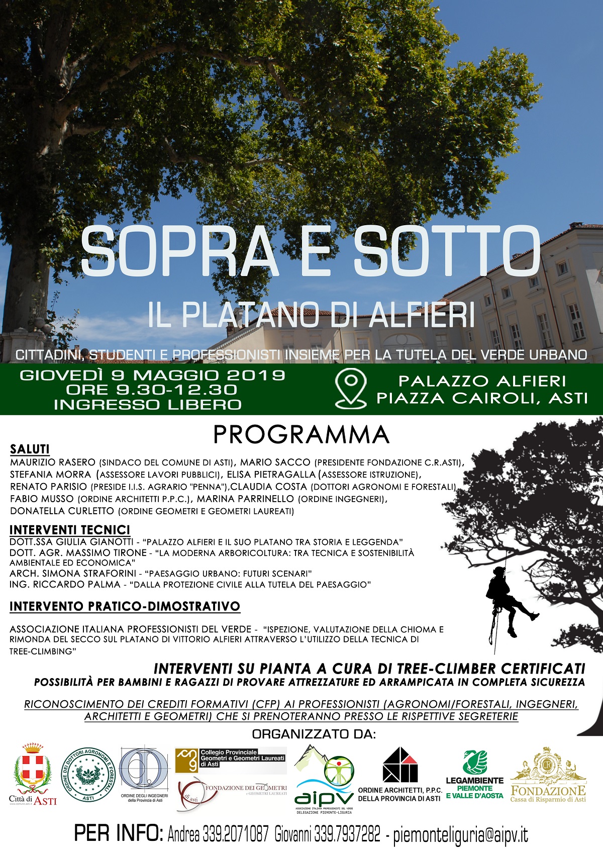 Depliant informativo dell incontro tecnico di potatura del Platano di Vittorio Alfieri (Asti 9 05 19).