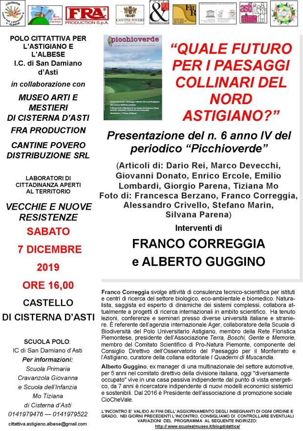 Depliant informativo della presentazione della rivista il Picchio verde su Quale futuro per i paesaggi collinari del nord Astigiano presso il Castello di Cisterna d Asti, sabato 7 dicembre 2019.