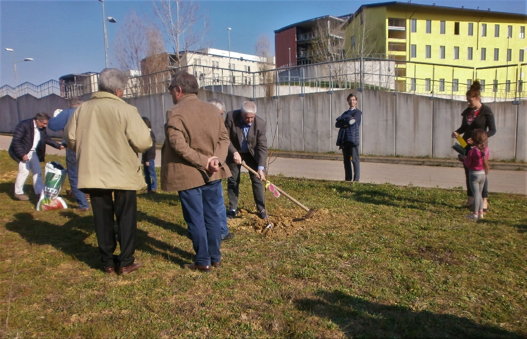 Messa a dimora di un nuovo albero nel Parco della salute dell Ospedale Cardinal Massaia da parte del Prof. Renato Parisio dell Istituto agrario G. Penna di Asti.