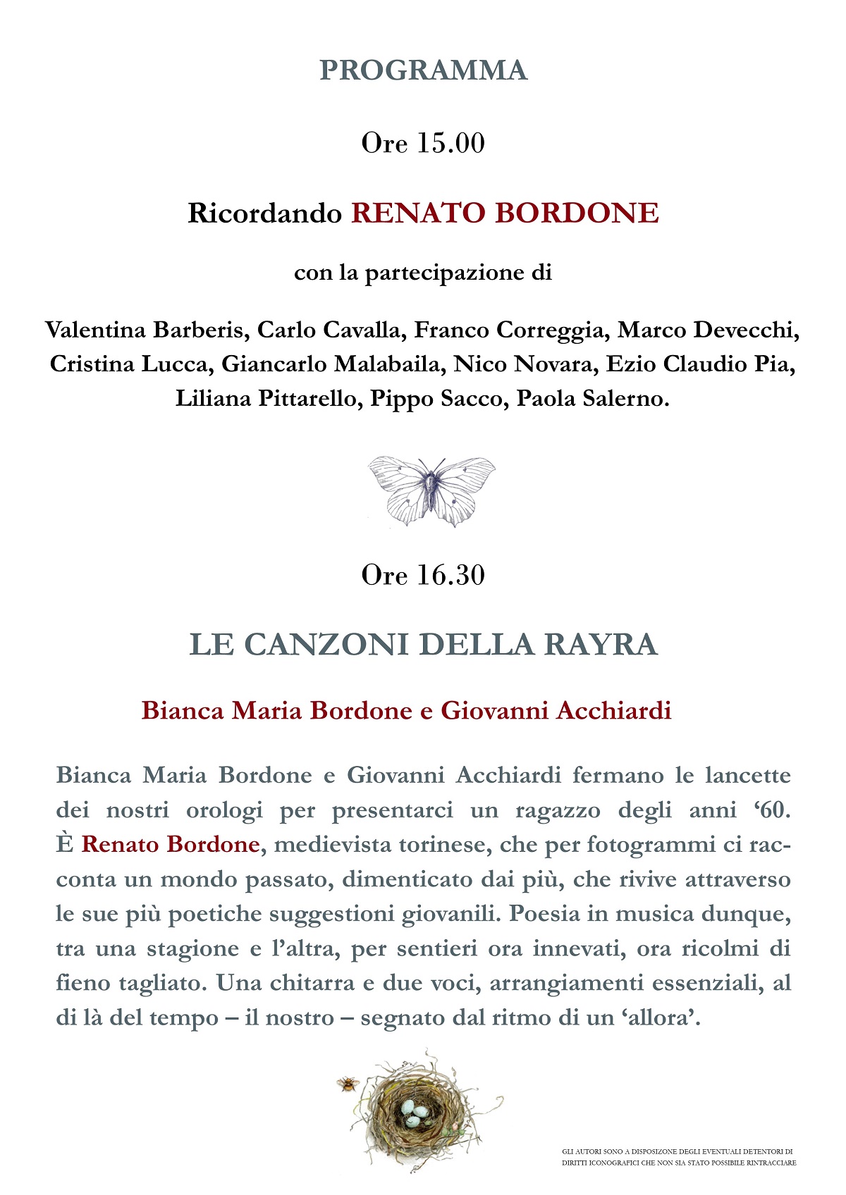 Depliant dell Incontro "Le Canzoni della Rayra - Ricordi e testimonianze di amici e compagni di viaggio di Renato Bordone" e Recitazione e Canto di Bianca Maria Bordone e Giovanni Acchiardi delle poesie giovanili di Renato Bordone".