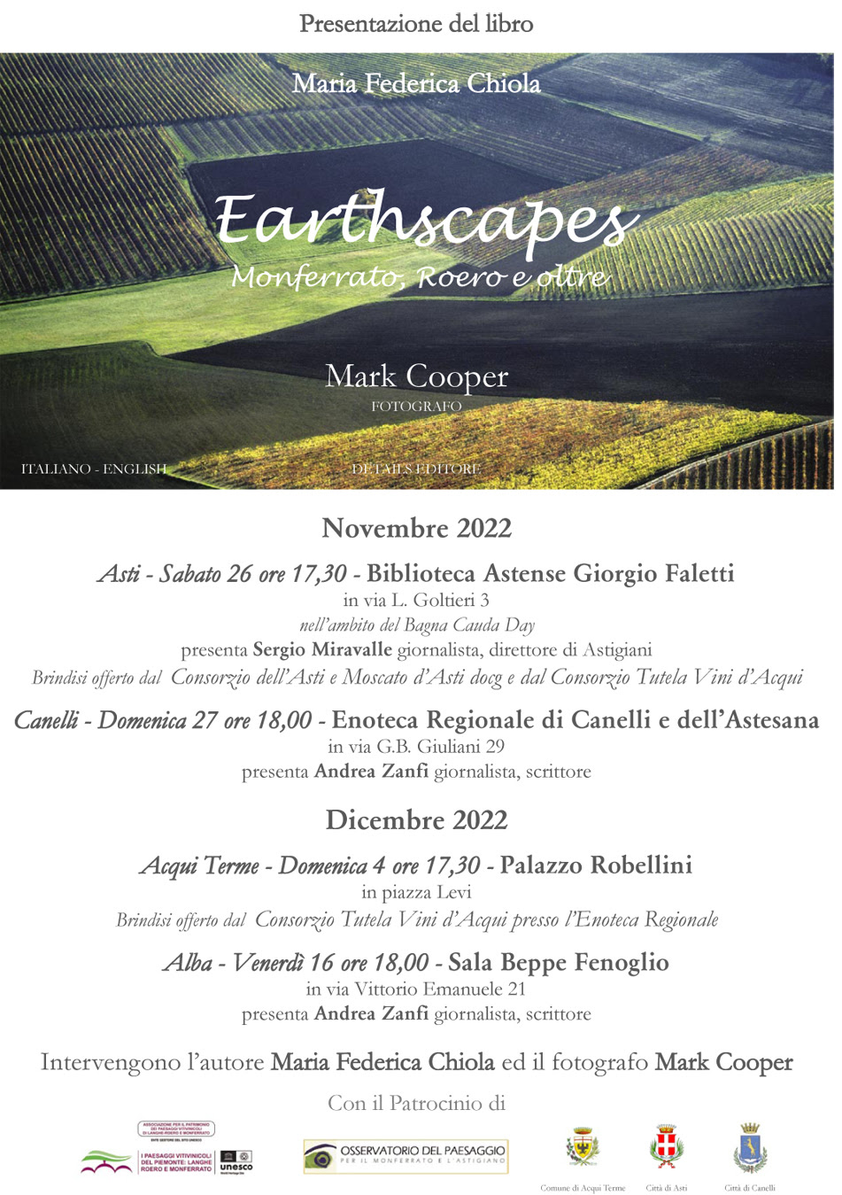 Date di presentazione del Libro di Marcica Chiola e Mark Cooper Earthscapes Monferrato, Roero e oltre