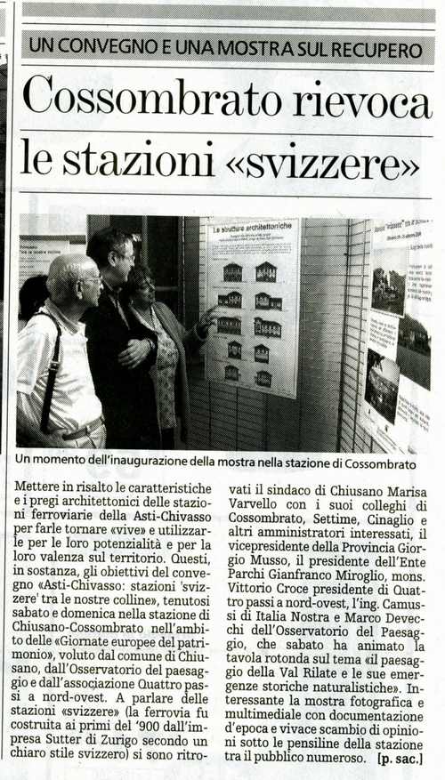 Rassegna stampa: Giornate Europee del Patrimonio - Convegno  "Asti - Chivasso: Stazioni "Svizzere" tra le nostre colline"