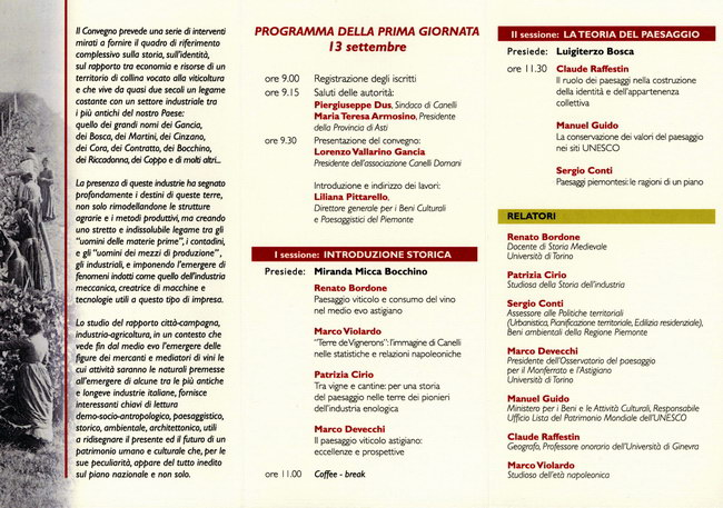 Depliant - Convegno "Paesaggi, Vite e Vino. Storia e futuro di un territorio" Canelli, 13 settembre 2008.