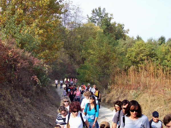 Partecipanti in marcia lungo il cammino alla scoperta delle Chiesette della Valtriversa (Foto Matteo Devecchi).