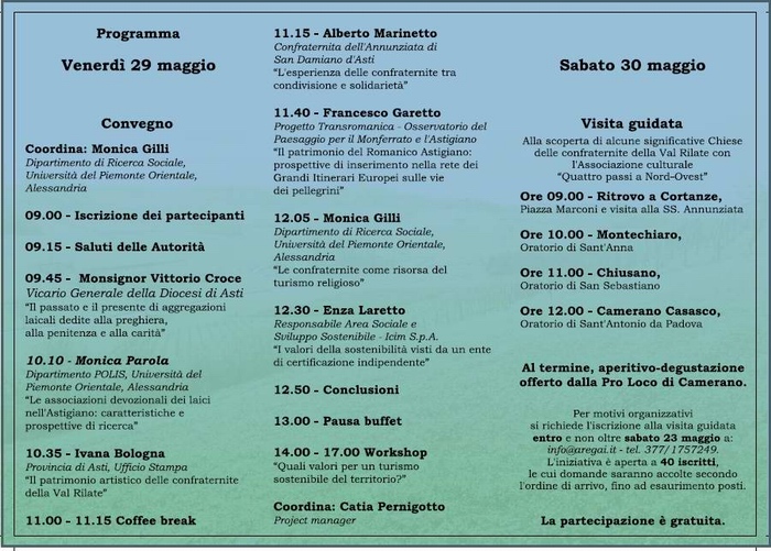 Programma del Convegno "Turismo religioso e sviluppo locale: le confraternite come  risorsa del territorio - Castello di Cortanze (29 maggio 2009)