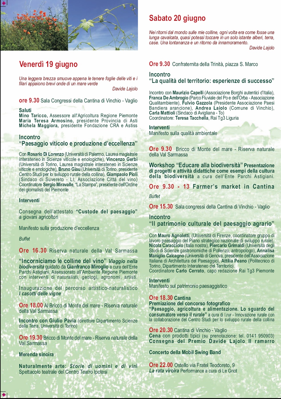 Programma del Festival del paesaggio agrario di Vinchio d'Asti (Retro)