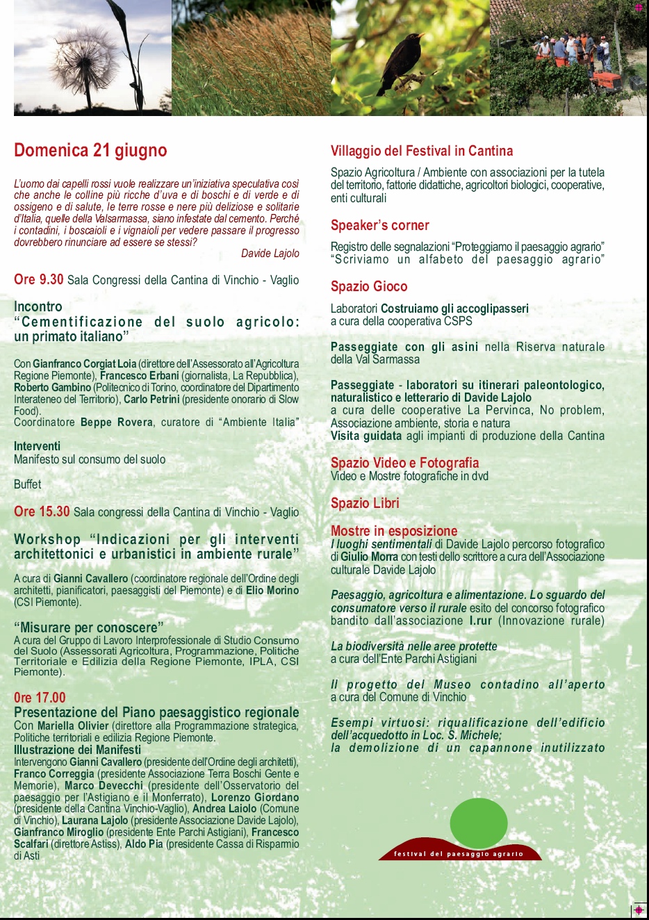 Programma del Festival del paesaggio agrario di Vinchio d'Asti (Retro)