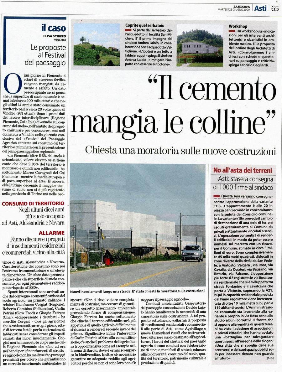 Rassegna stampa Festival del paesaggio agrario - La Stampa (Martedì 23 giugno 2009)