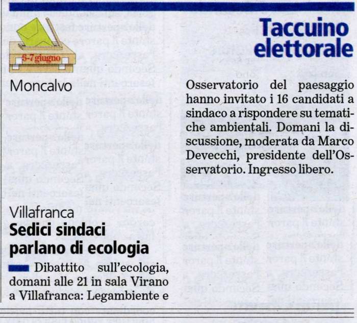 Articolo - La Stampa - Domenica 31 maggio 2009 (Questionario su temi ambientali e paesaggistici rivolto ai Candidati Sindaci della Valtriversa)