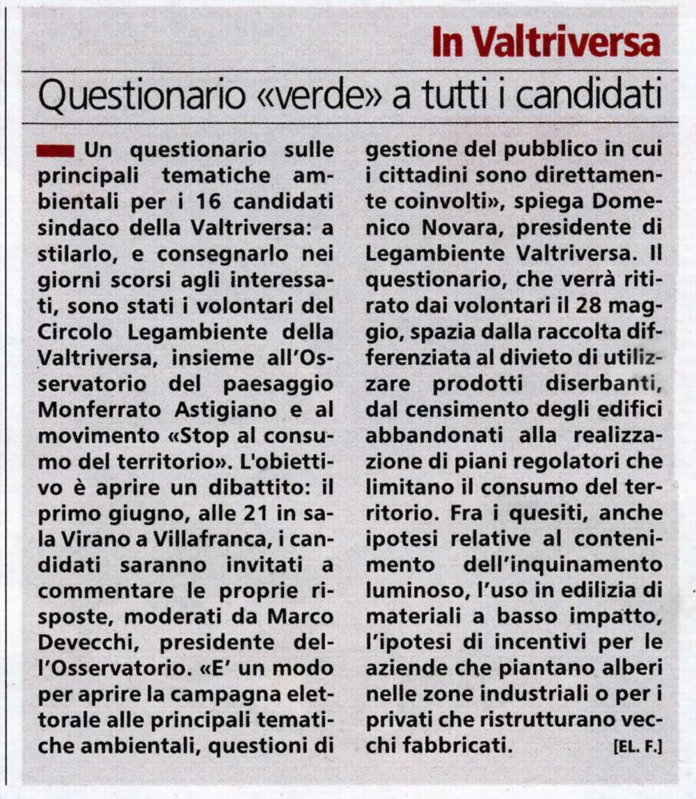 Articolo - La Stampa - Venerdì 22 maggio 2009 (Questionario su temi ambientali e paesaggistici rivolto ai Candidati Sindaci della Valtriversa)