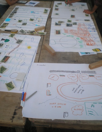 Elaborati grafici delle soluzioni di progettazione a verde elaborati dai bambini in Via Cavalla ad Asti (Foto di Roberto Zanna).