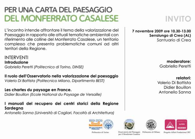 Depliant del CONVEGNO "Per una Carta del paesaggio del Monferrato Casalese" Serralunga di Crea - sabato 7 novembre 2009 ore 10.30.