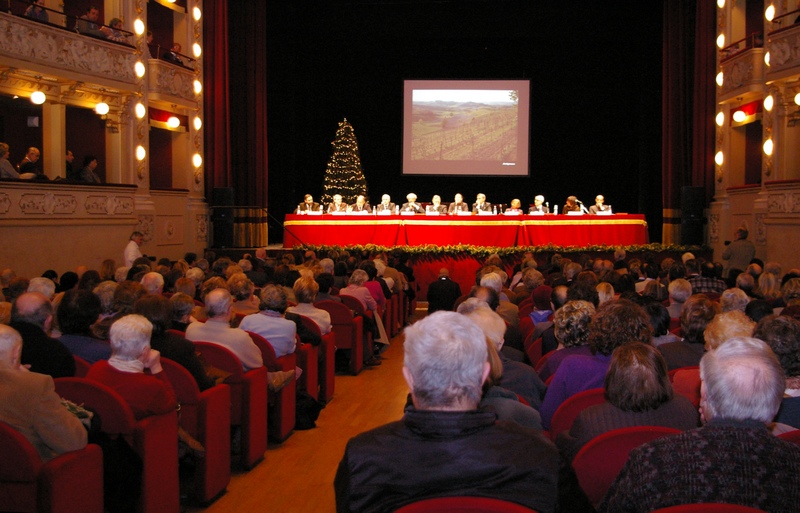 Veduta del pubblico presente al Teatro Alfieri e sul palco il Tavolo dei relatori  composto da (sx) verso (dx):  Prof. Marco Devecchi, Prof. Sergio Roda, Prof. Luigi Maria Lombardi Satriani, Prof. Renato Grimaldi, Prof. Sergio Conti, Dott. Michele Maggiora, Dott.ssa  Annalisa Conti, Dott. Aldo Pia, Prof.ssa Maria Paola Azzario Chiesa, Prof. Gian Luigi Bravo, Dott. Andrea Cirio e Dott.ssa Pierangela Farris [Foto di Paola Grassi].