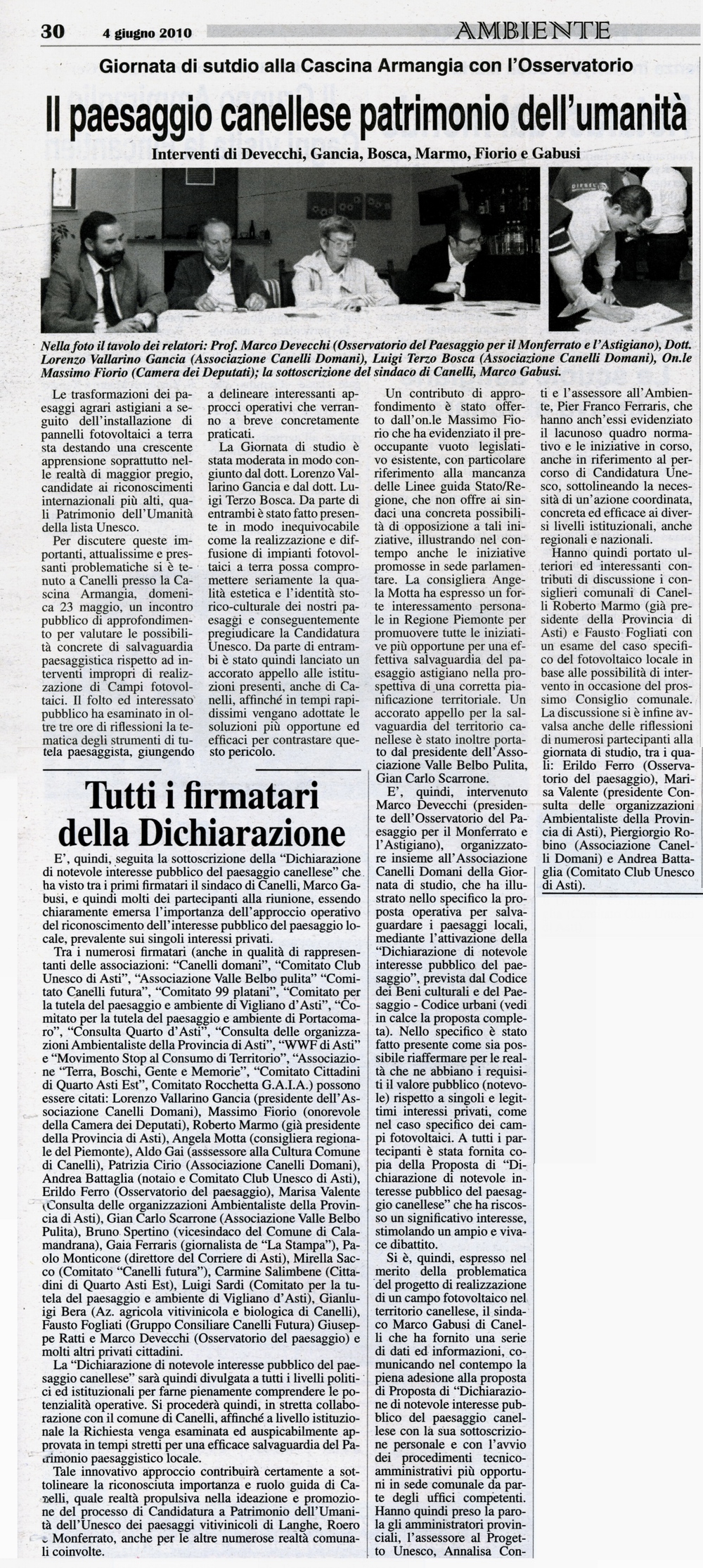 Rassegna stampa della Dichiarazione di notevole interesse pubblico del paesaggio di Canelli - Gazzetta d'Asti (venerdì 4 giugno 2010)